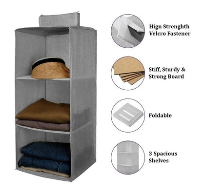 Hanging Wardrobe Organizer – 3 Shelves (Non-Woven Fabric)